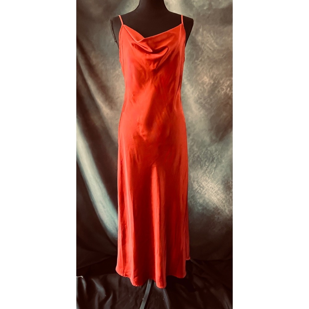 Nicole Miller NY Rust Satin‎ Cowl Neck Slip Dress Midi Evening Party Size Medium